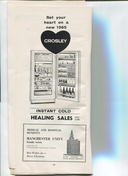 Christmas message from Manchester Unity and advertisement for Crosley fridges from Healing Sales