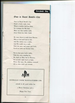 Christmas message from Australian Paper Manufacturers and words to Once in Holy David's City