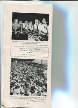 Photos of a group of six people singing at Carols and wide view of audience on the night