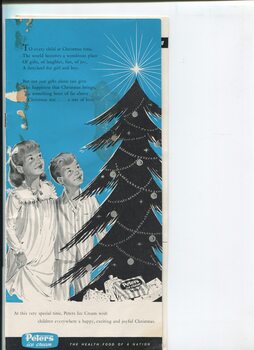 Christmas message from Peters Ice Cream with drawing of girl and boy looking at a Christmas tree with presents underneath