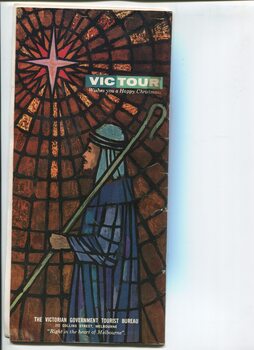 Advertisement for Victorian Government Tourist Bureau with stained glass image of shepherd watching a star