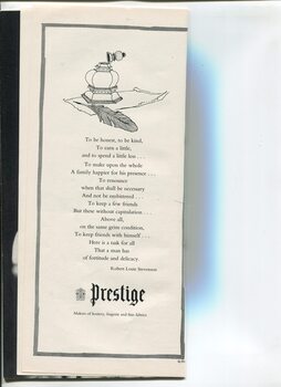 Christmas message from Prestige with drawing of quill, parchment and inkpot