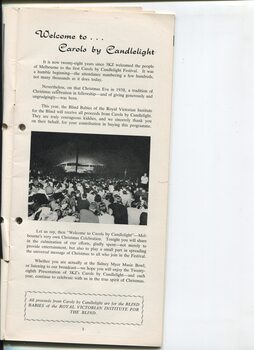 Welcome to Carols, acknowledgement that RVIB receiving donations and photo of audience looking towards stage