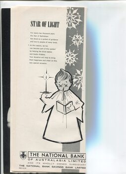 Christmas message from National Bank of Australasia and illustration of choirboy singing