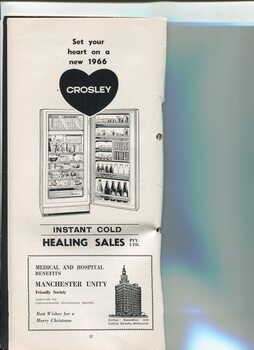 Advertisement for Crosley fridge from Healing Sales and Christmas message from Manchester Unity