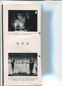 Photos of two people holding candles and Jim Hilcke and Jim Archer singing with torchbearers at conclusion