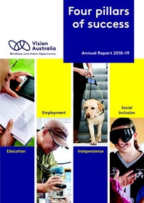 Images of a person reading, working, playing and a Seeing Eye dog