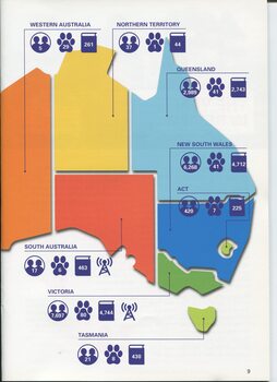 Map of Australia showing where and how many services are provided, and with icon index
