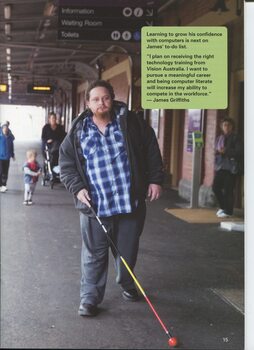 James Griffiths using his cane on a railway platform