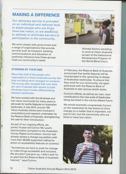 Overview of Advocacy with portaits of Alimata Karimu at a tram stop and Connor McLeod with tactile bank note