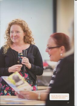 Picture of Sarah Boulton chatting with two others out of focus