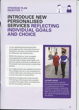 VA performance against the strategic plan and picture of woman walking with white cane beside VA instructor