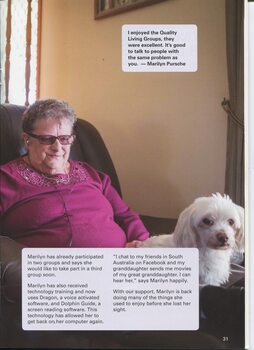 Picture of Marilyn Pursche sitting in her lounge room listening to a Daisy player