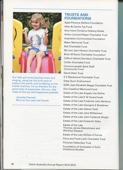 List of major donors to Vision Australia with picture of Kaylah Fawcett