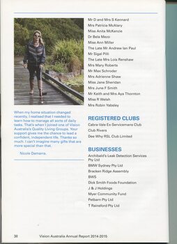 List of major donors to Vision Australia with picture of Nicole Damarra