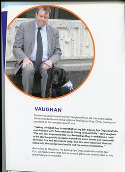 Portrait and profile of Vaughan Roles and Seeing Eye Dog Deva
