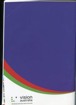 Back page covered mostly in purple, with two bold swooped lines of green and red