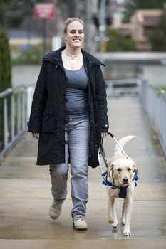Penny Stevenson walking from Talbot Rd using a dog guide