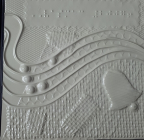 Tactile front cover of CD with raised lines, a bell, dots and Braille label