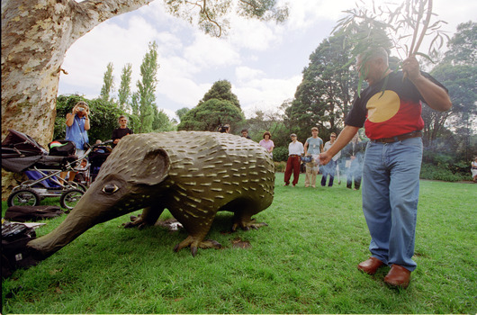 Welcome to Country ceremony with smoldering bark and Feelix echidna statue