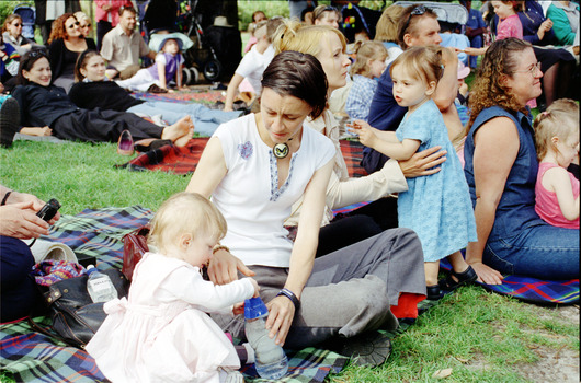 Families sitting on lawn watching official launch of Feelix in rotunda