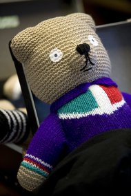 A Freemantle Docker knitted bear in the Feelix library