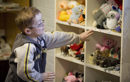 Boy looking at the Feelix library of toys