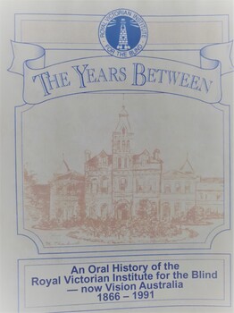 Drawing of St Kilda Road building with blue writing above and below