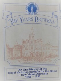 Drawing of St Kilda Road building with blue writing above and below