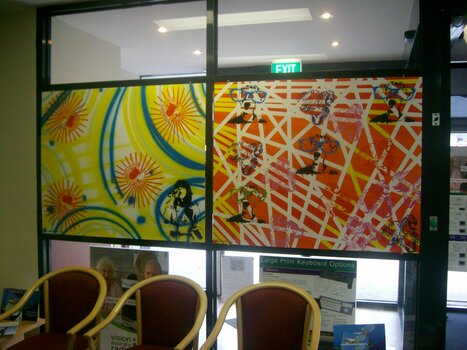 Coloured panes of glass in foyer