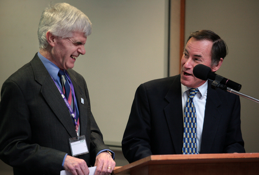 Stephen Jolley and guest speaker Graeme Dawson at the podium for the 25th Anniversary of Vision Australia Radio