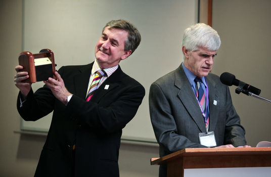 Gerard Menses and Stephen Jolley at the podium for the 25th Anniversary of Vision Australia Radio