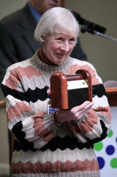 Pam Adams with her mini radio award