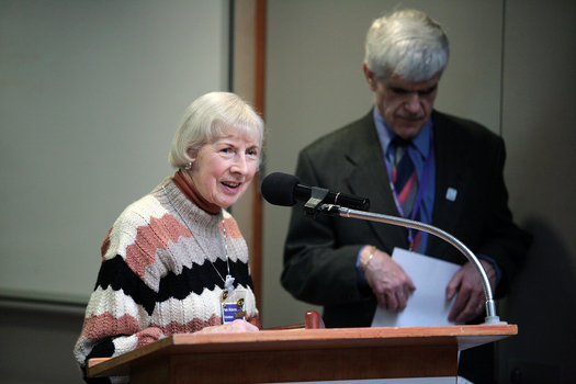 Pam Adams and Stephen Jolley at the podium for the 25th Anniversary of Vision Australia Radio