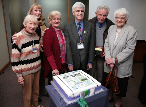 Pam Adams, Roberta Ashby, Stephen Jolley , Norm Rees and female with cake made for the 25th Anniversary of Vision Australia Radio