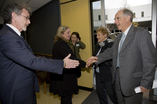 Tim Evans and Julie Rae greet John and Nancye Cain with Debra Rosenfeldt looking on