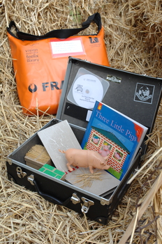 Feelix kit for 'The Three Little Pigs' with book, CD, tactile book and physical objects about the story
