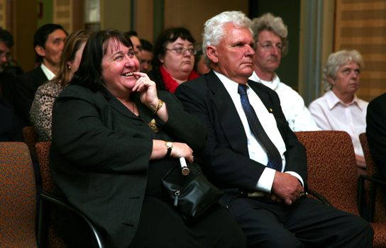 Maryanne Diamond and David Blyth in the audience, with Michele Prentice, Malcolm Simpson and Bernadette Jolley behind them