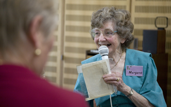 Margaret Fox encourages the crowd to try their skills