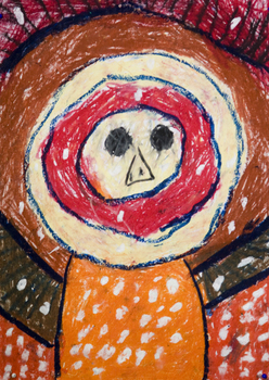 A drawing of face and torso, using orange, brown, blue, red, black and white