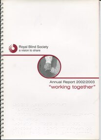 White background with black and burgundy writing and hole in centre of cover
