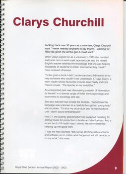 Profile of Clarys Churchill and her role as a volunteer