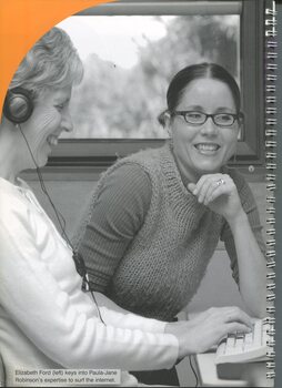 Elizabeth Ford using the internet with Paula-Jane Robinson's expertise