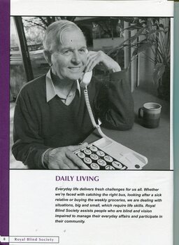 Image of man on large print keypad telephone with heading 'Daily Living'