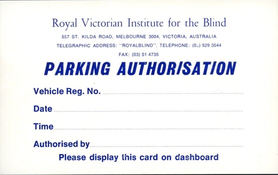 White card with blue writing and space for details
