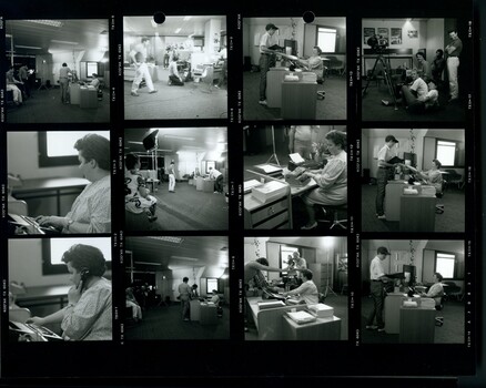 Black and white proof sheet of people in and filming the commercial