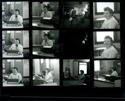 Black and white proof sheet of people in and filming the commercial
