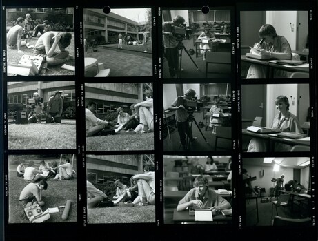 Black and white proof sheet of people in and filming the commercial