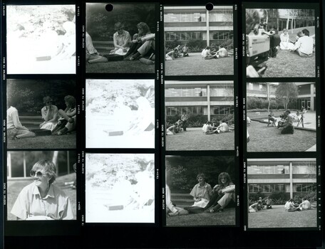 Black and white proof sheet of people in and filming the commercial