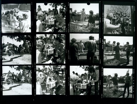 Black and white proof sheet of people in and filming the commercial